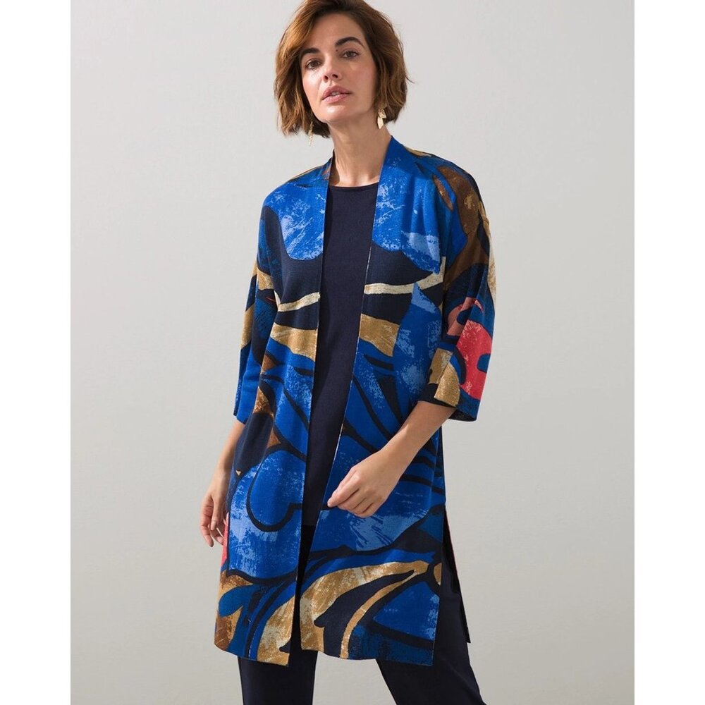 Chico's Blue Gold Black Abstract Open-Front Duster Cardigan